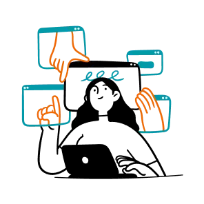 さまざまなウィンドウを広げる女性の画像